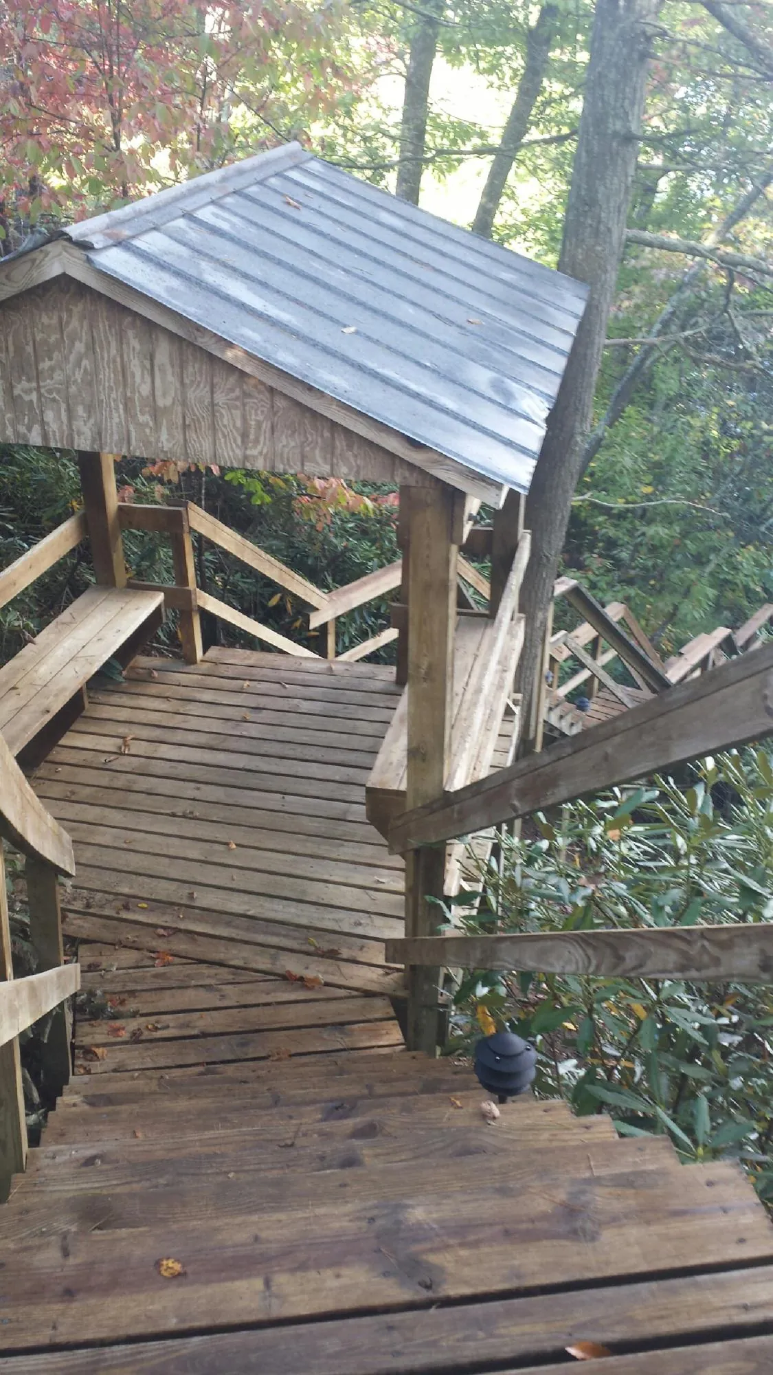 Metal roofed shelter over wooden steps on a wooded walkway — Skylight Repair & Installation work by our crew in Mauldin
